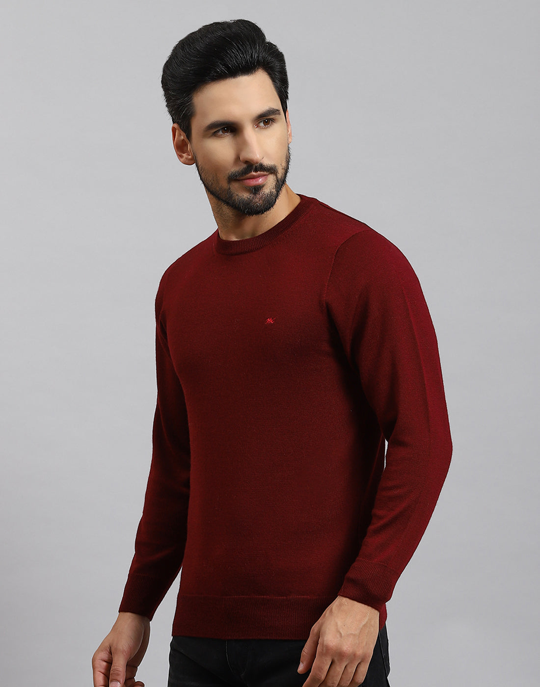 Men Maroon Solid Round Neck Full Sleeve Pullover