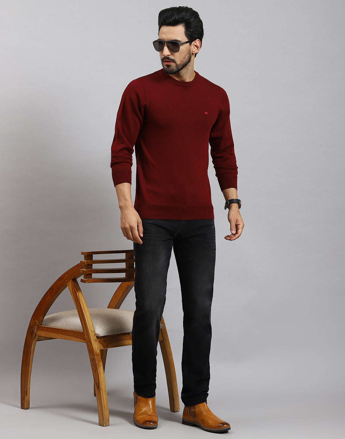 Men Maroon Solid Round Neck Full Sleeve Pullover