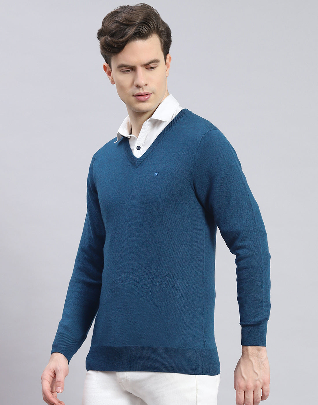 Men Teal Blue Solid V Neck Full Sleeve Pullover