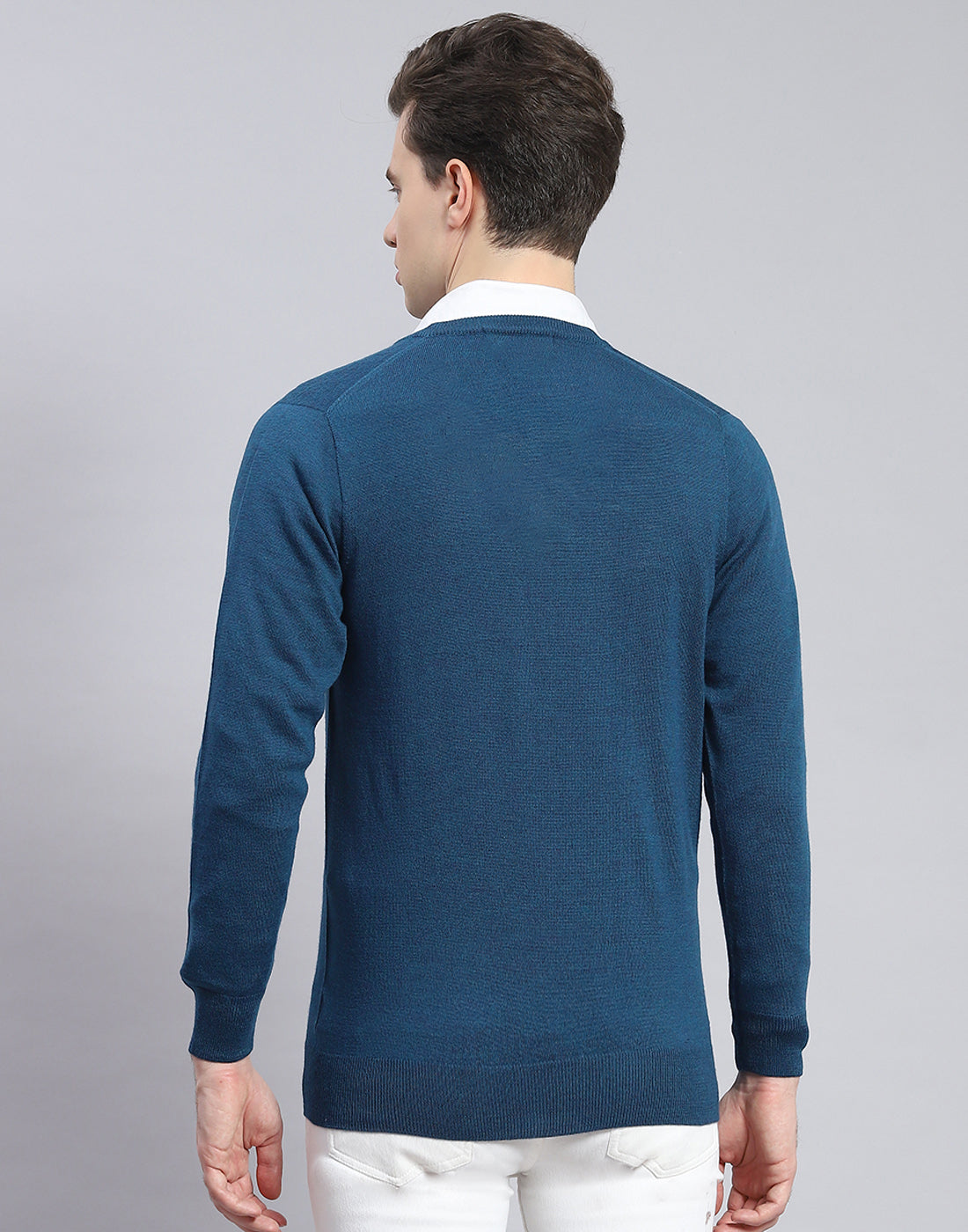 Men Teal Blue Solid V Neck Full Sleeve Pullover