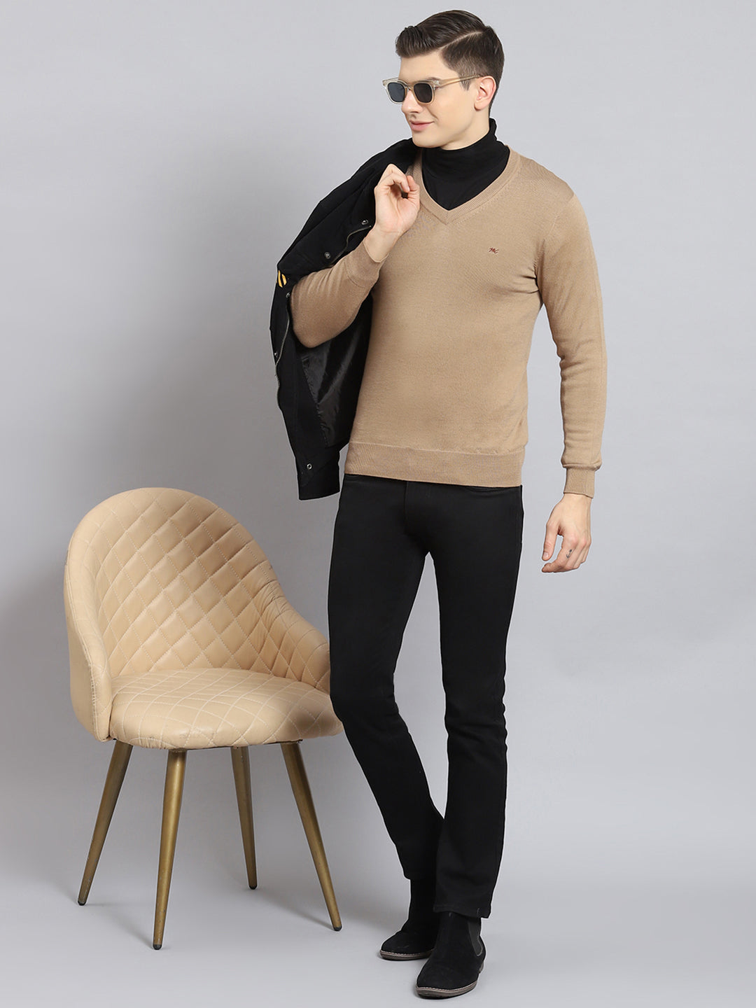 Men Khaki Solid V Neck Full Sleeve Pullover