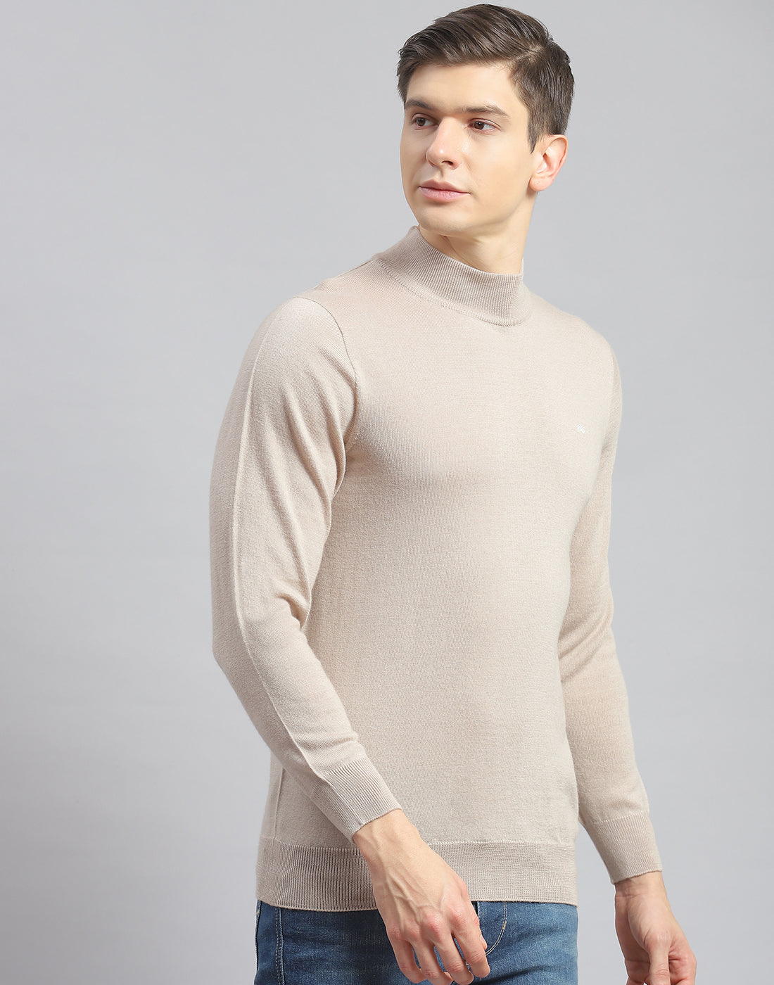 Men Beige Solid Turtle Neck Full Sleeve Pullover