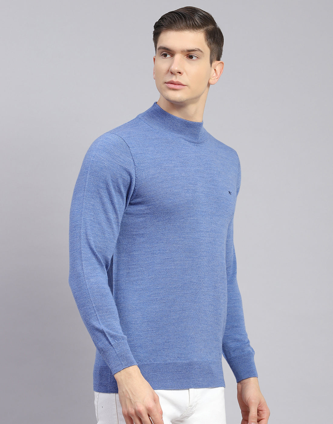 Men Blue Solid Turtle Neck Full Sleeve Pullover