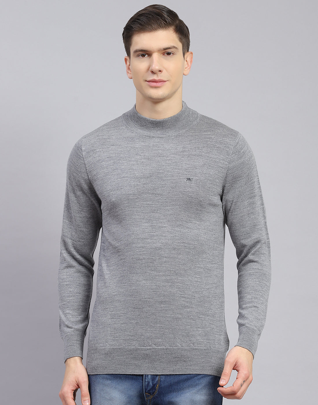 Men Grey Solid Turtle Neck Full Sleeve Pullover