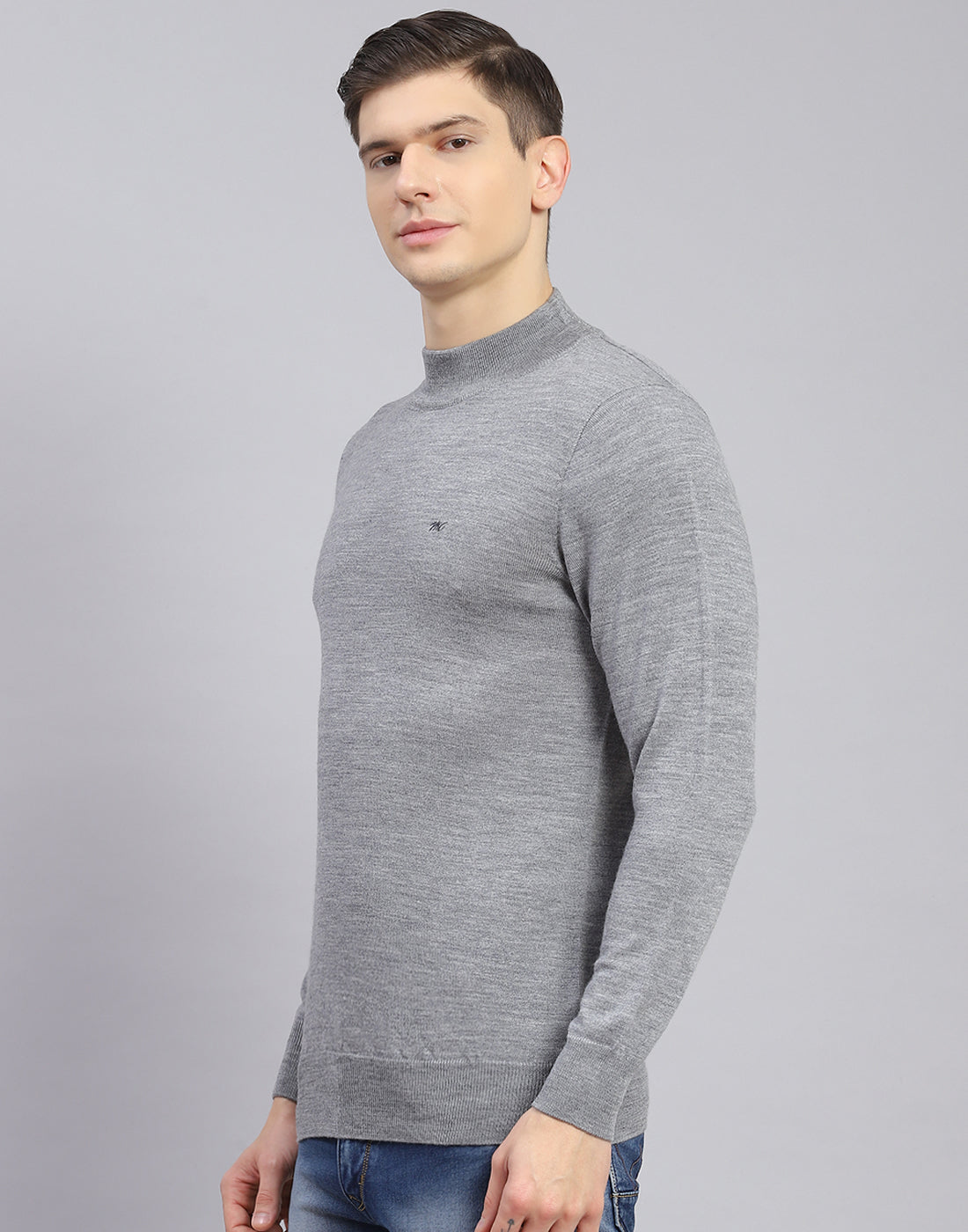 Men Grey Solid Turtle Neck Full Sleeve Pullover