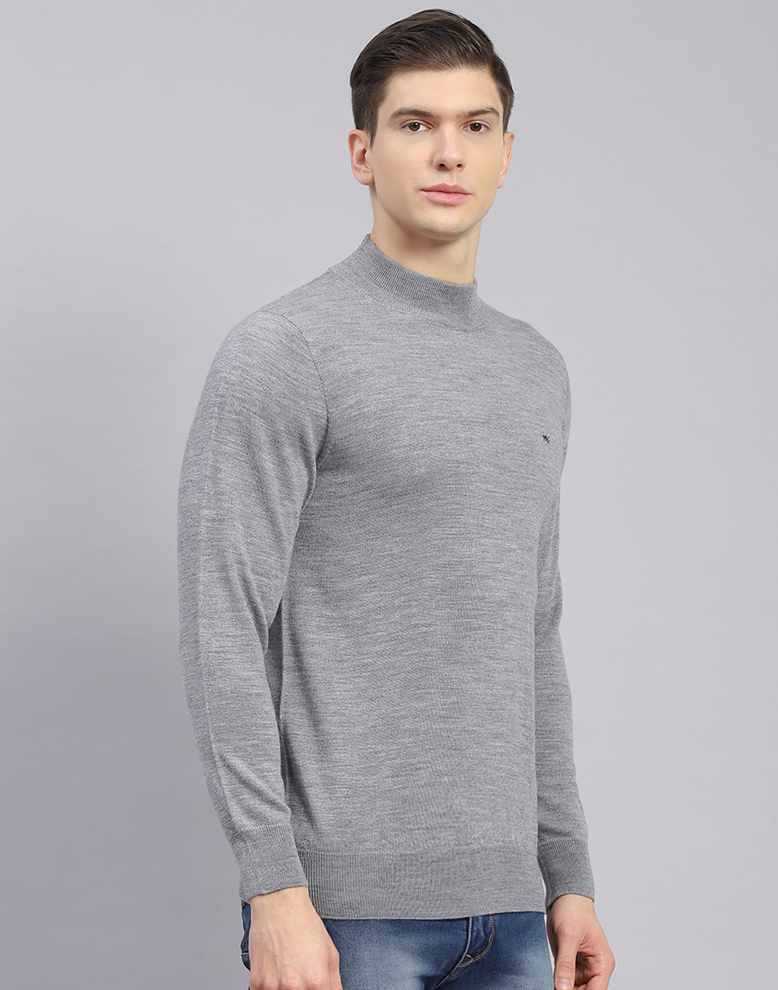 Men Grey Solid Turtle Neck Full Sleeve Pullover