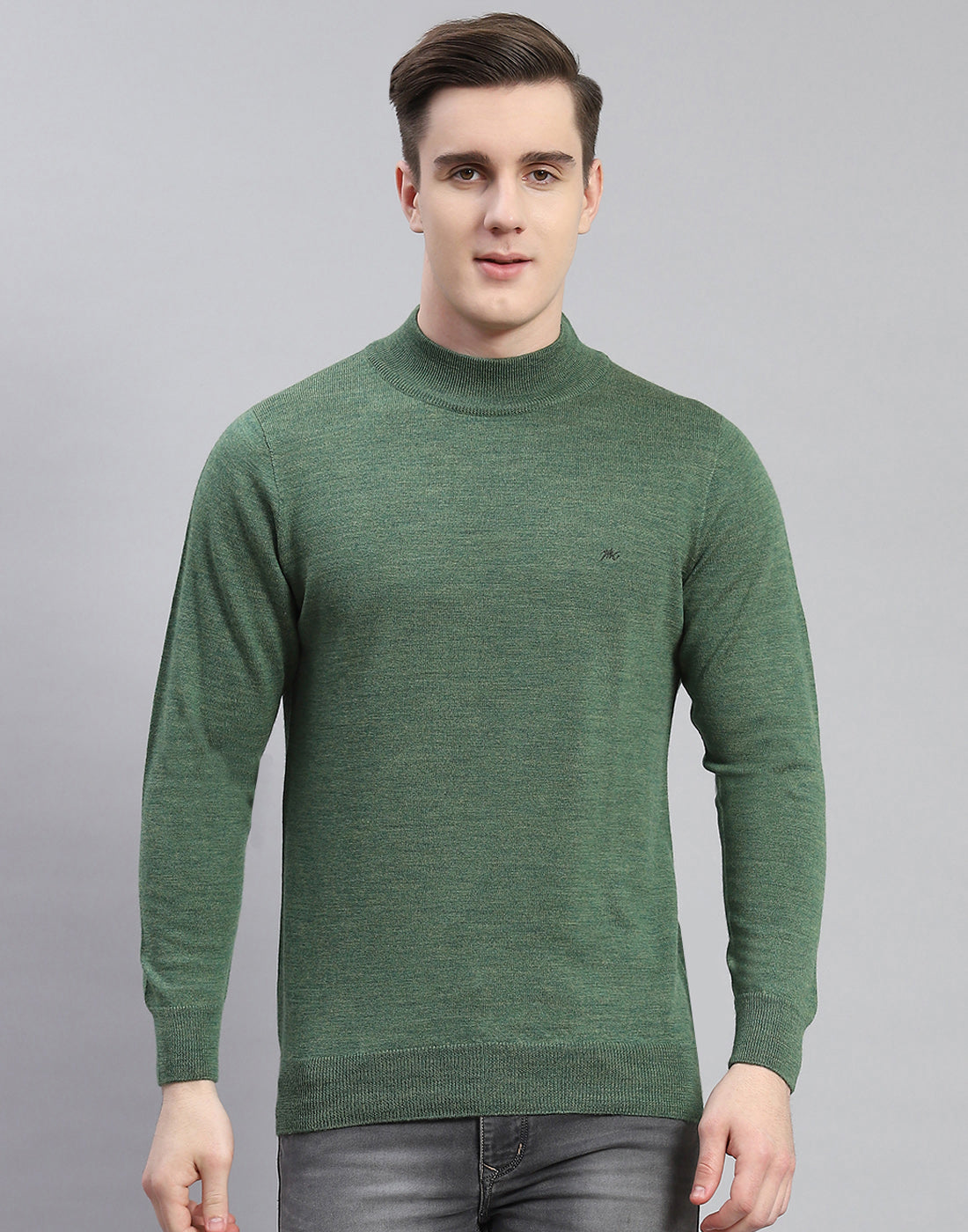 Men Green Solid Turtle Neck Full Sleeve Pullover