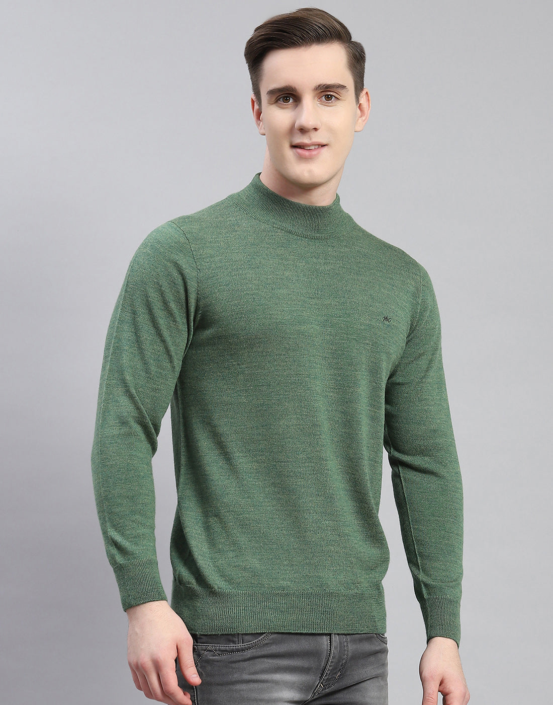 Men Green Solid Turtle Neck Full Sleeve Pullover