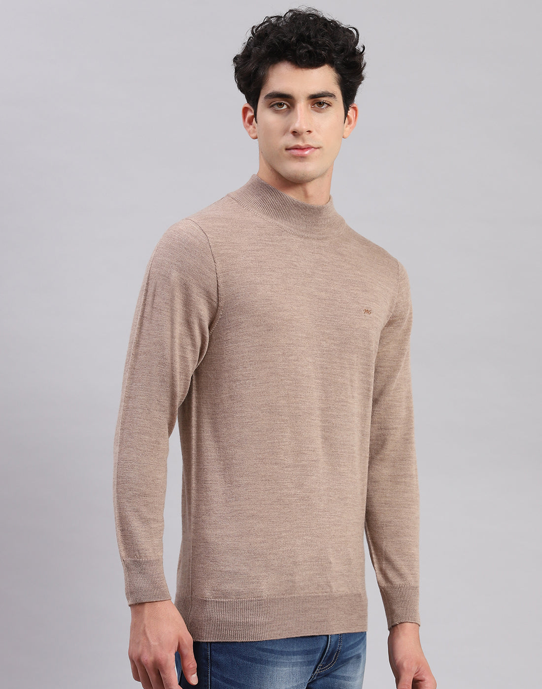 Men Brown Solid Turtle Neck Full Sleeve Pullover