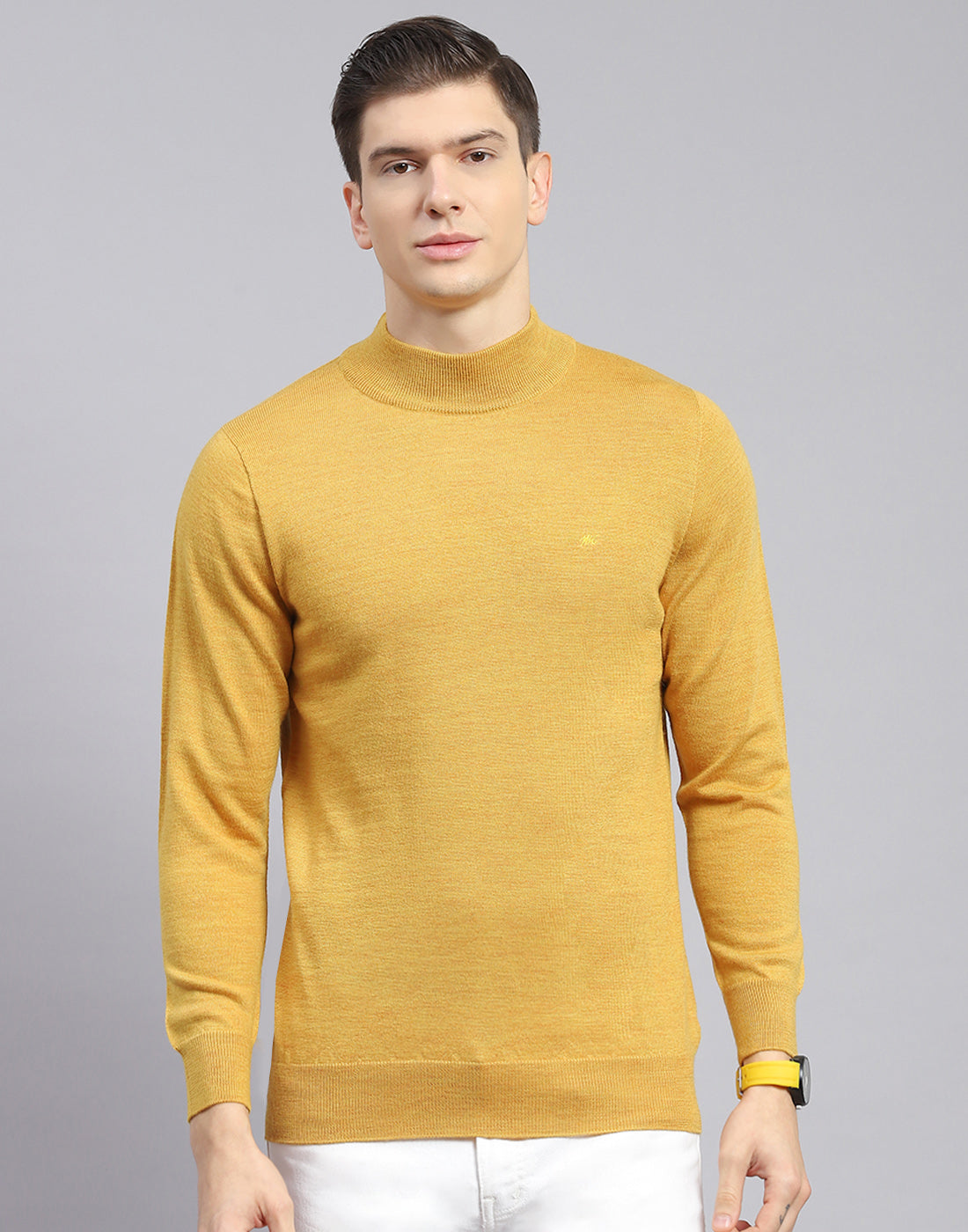 Men Mustard Solid Turtle Neck Full Sleeve Pullover