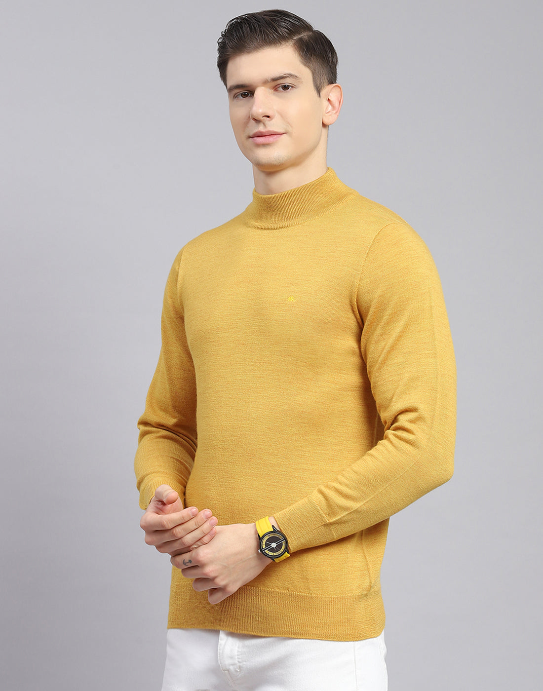 Men Mustard Solid Turtle Neck Full Sleeve Pullover