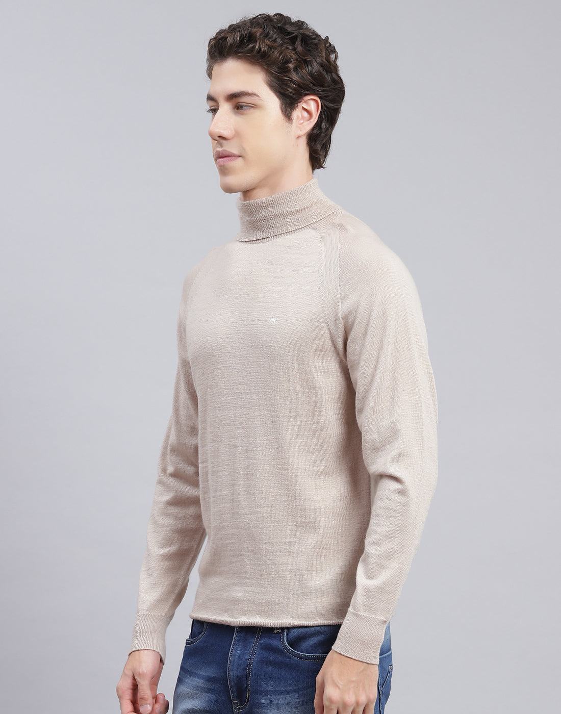 Men Beige Solid High Neck Full Sleeve Pullover