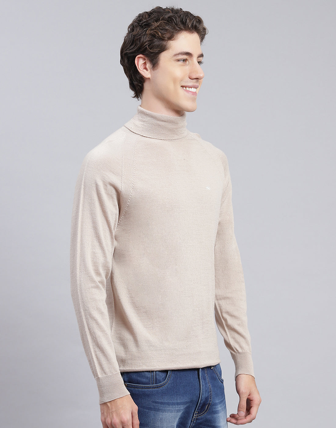 Men Beige Solid High Neck Full Sleeve Pullover