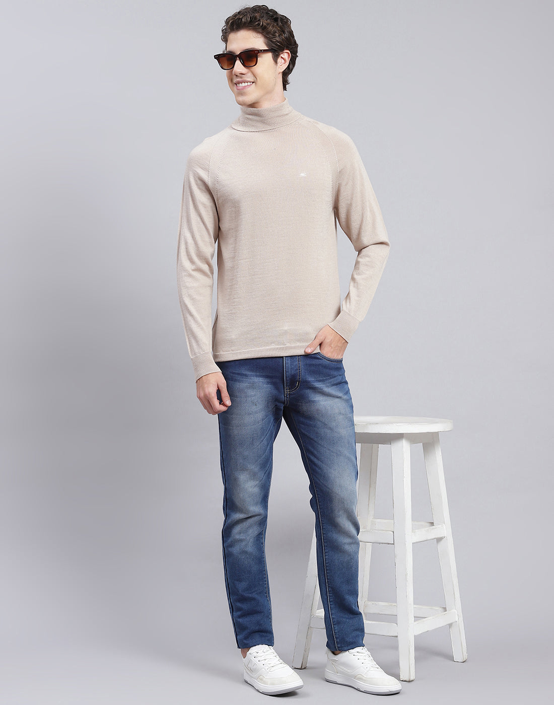 Men Beige Solid High Neck Full Sleeve Pullover