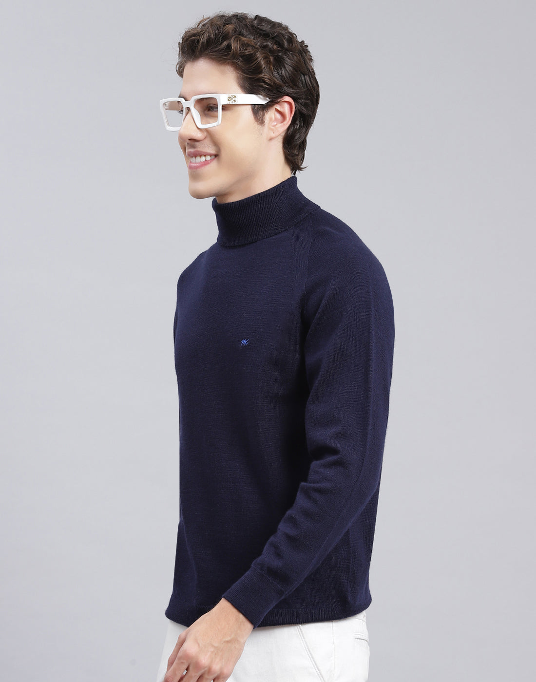 Men Navy Blue Solid High Neck Full Sleeve Pullover