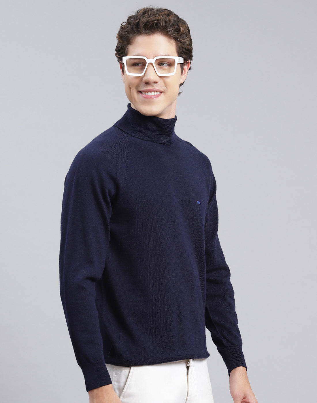 Men Navy Blue Solid High Neck Full Sleeve Pullover