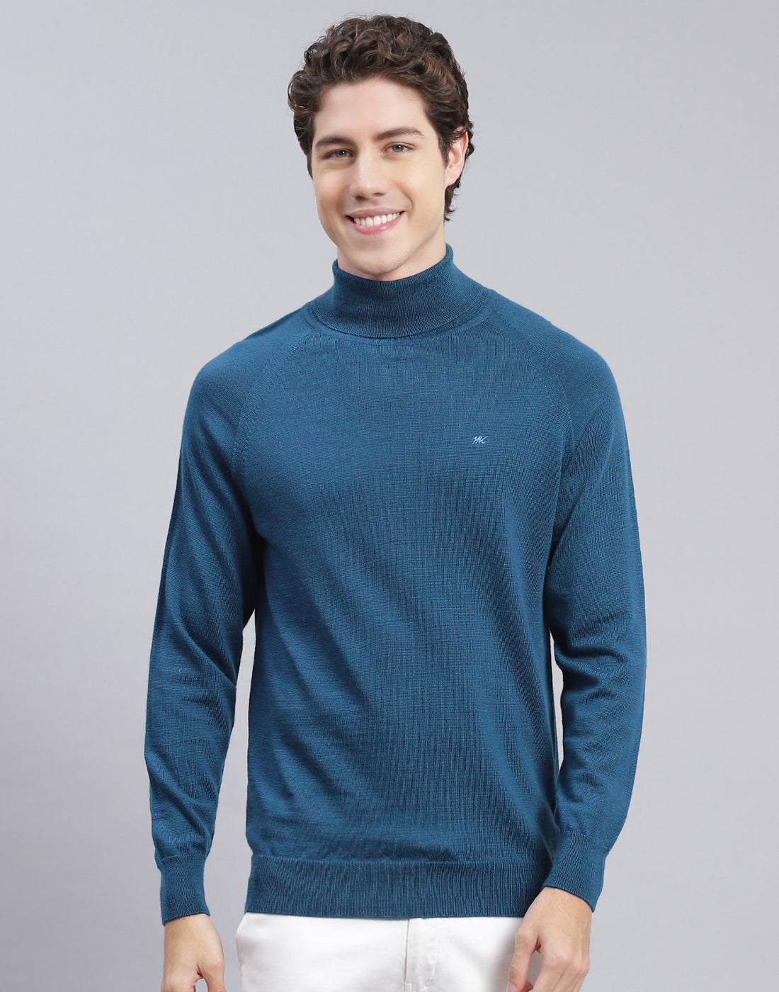 Men Teal Blue Solid High Neck Full Sleeve Pullover