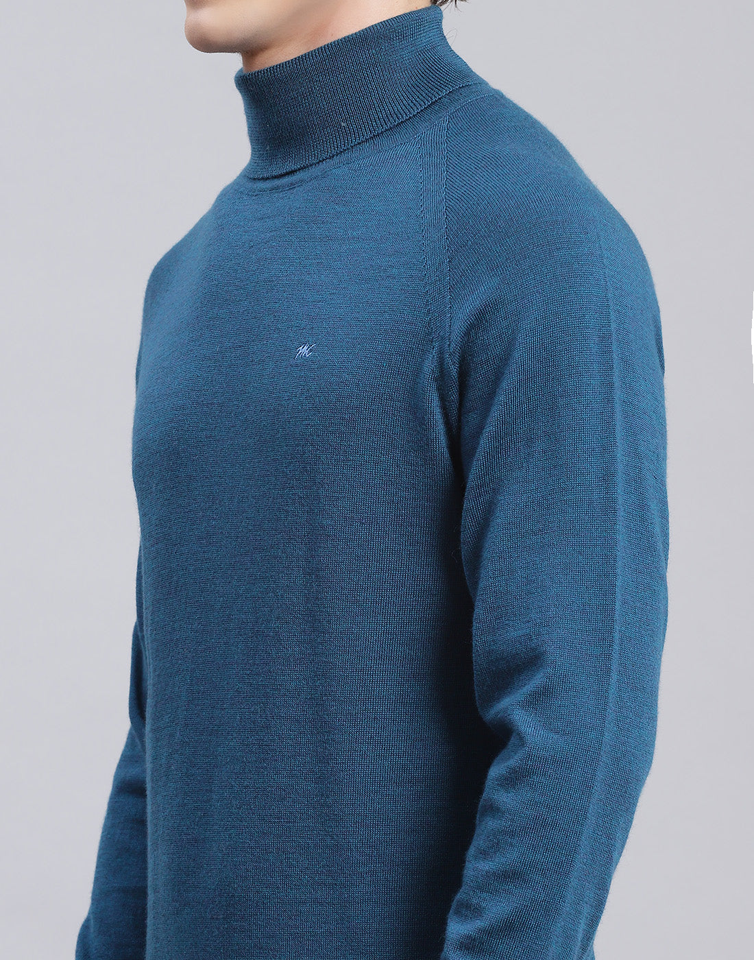 Men Teal Blue Solid High Neck Full Sleeve Pullover