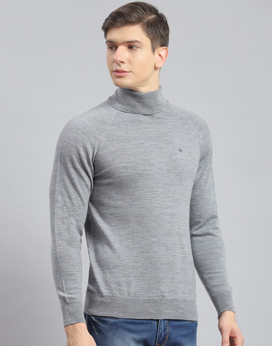 Men Grey Melange Solid High Neck Full Sleeve Pullover