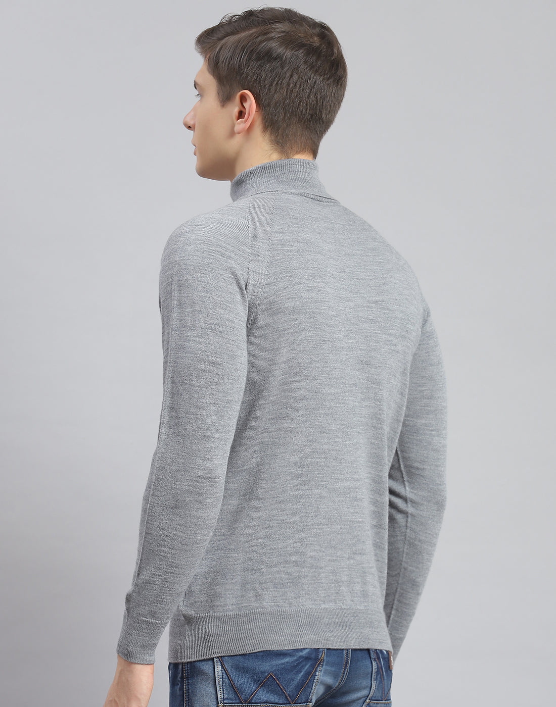 Men Grey Melange Solid High Neck Full Sleeve Pullover