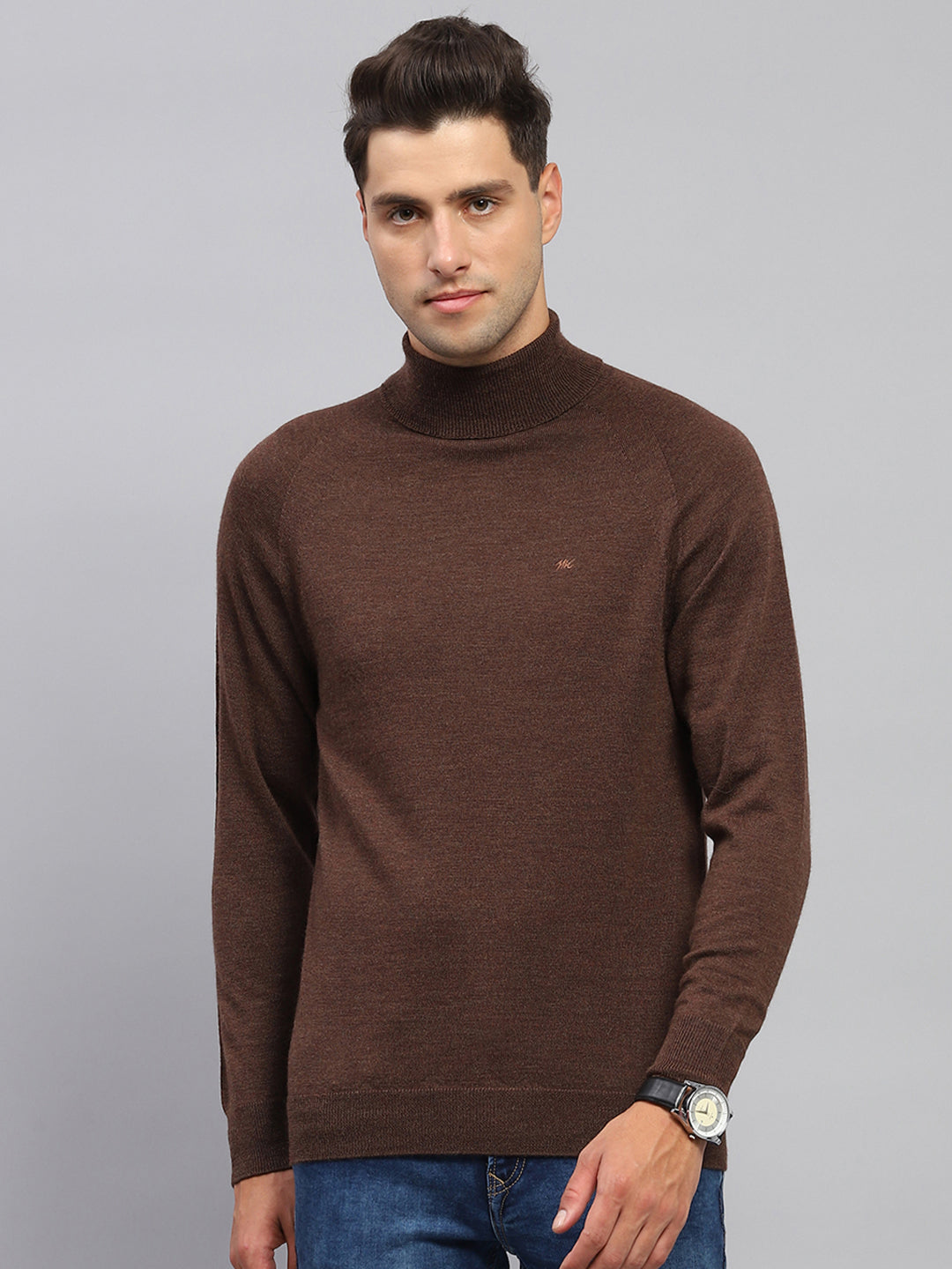 Men Brown Solid Turtle Neck Full Sleeve Pullover