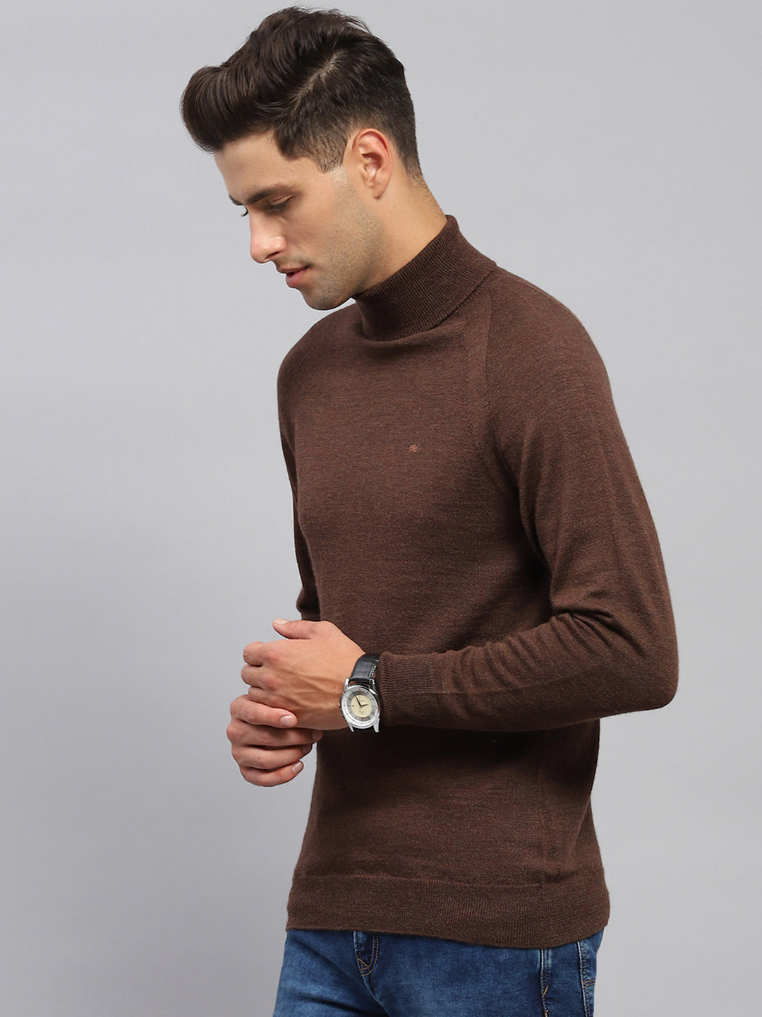 Men Brown Solid Turtle Neck Full Sleeve Pullover