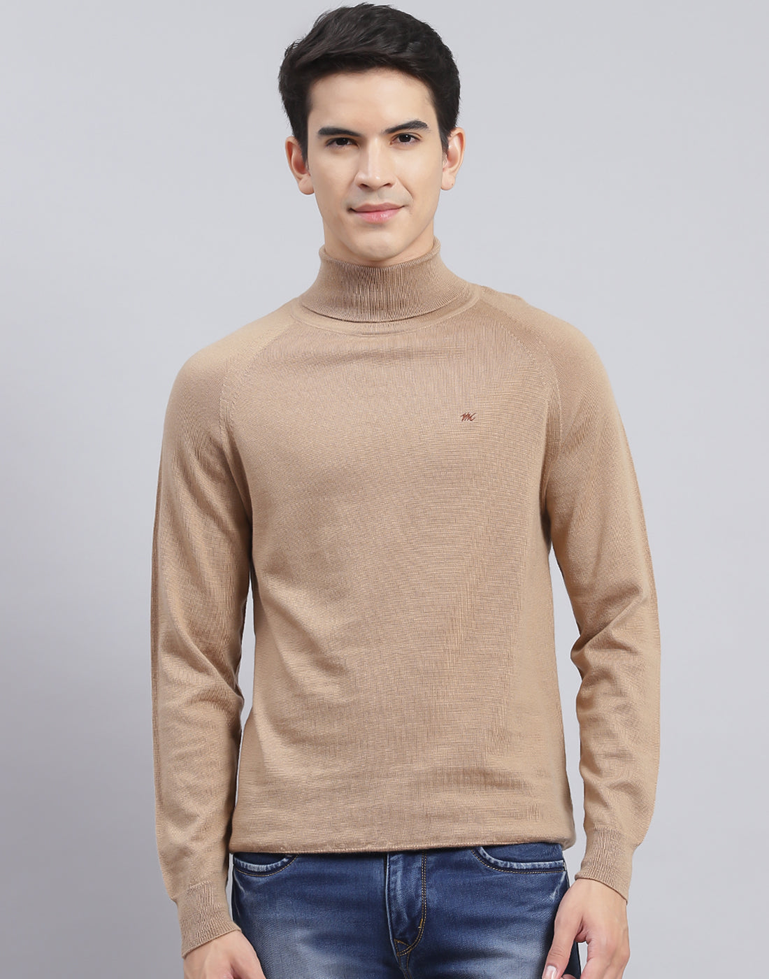 Men Camel Brown Solid High Neck Full Sleeve Pullover