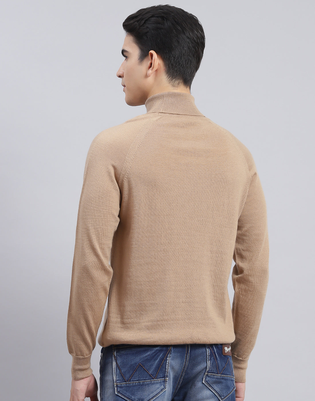 Men Camel Brown Solid High Neck Full Sleeve Pullover