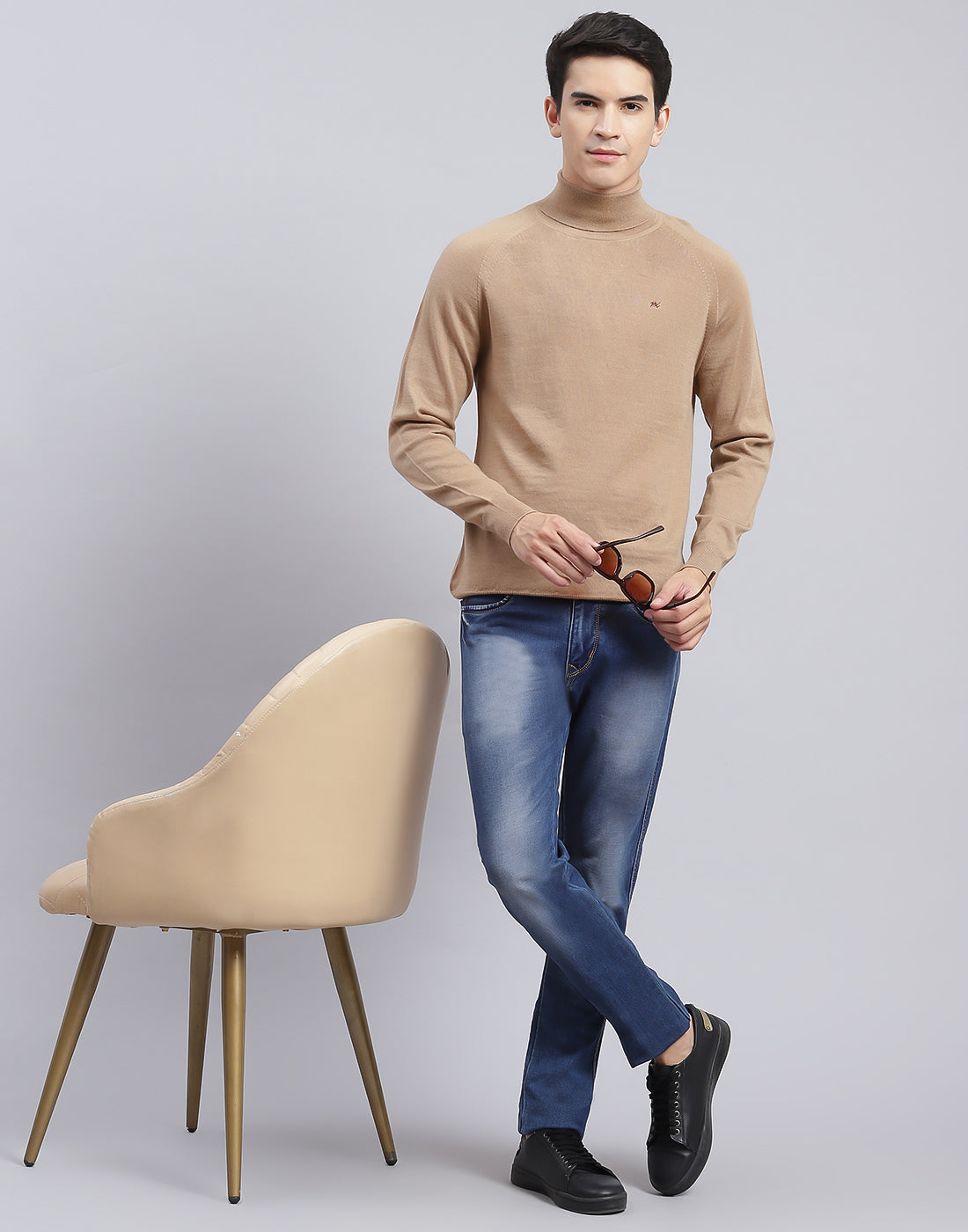 Men Camel Brown Solid High Neck Full Sleeve Pullover