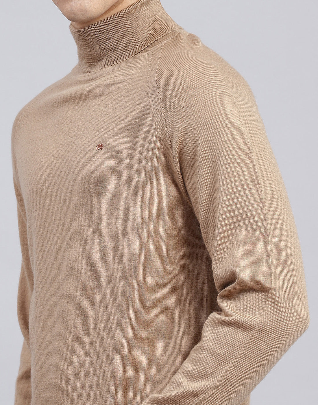 Men Camel Brown Solid High Neck Full Sleeve Pullover