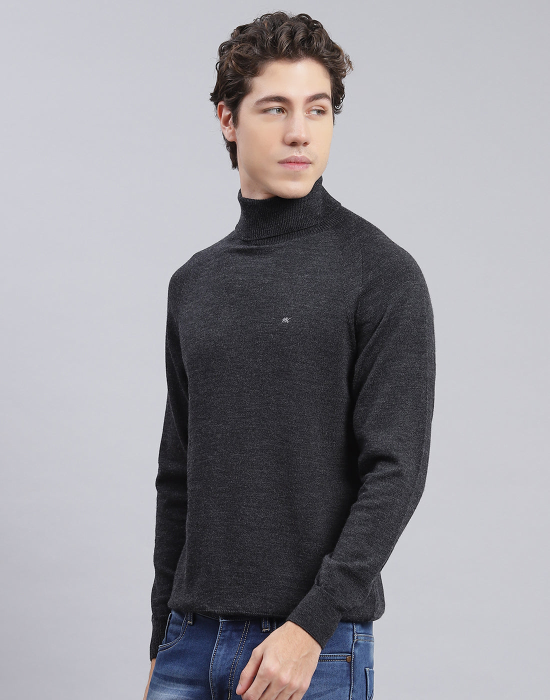 Men Grey Solid High Neck Full Sleeve Pullover