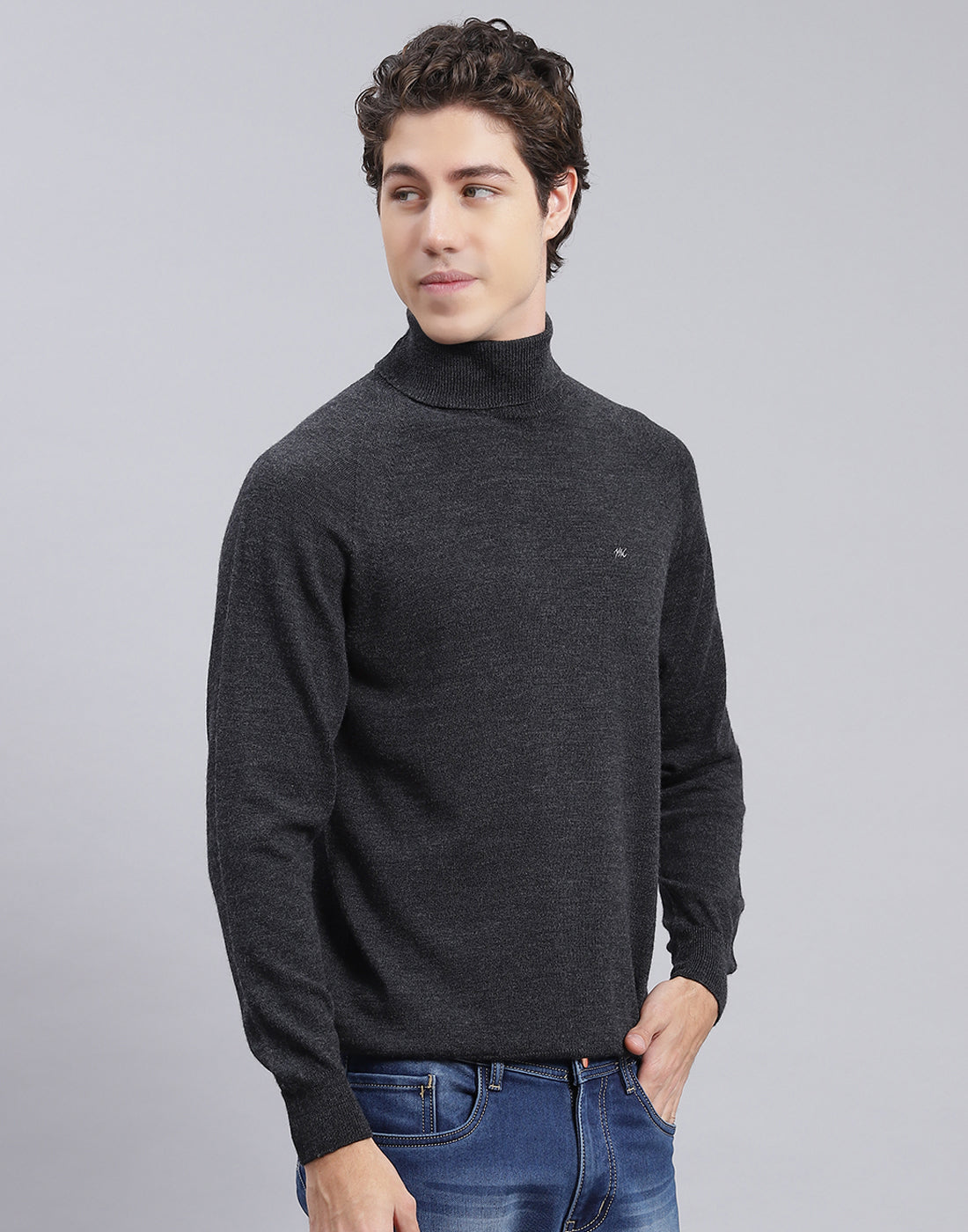 Men Grey Solid High Neck Full Sleeve Pullover