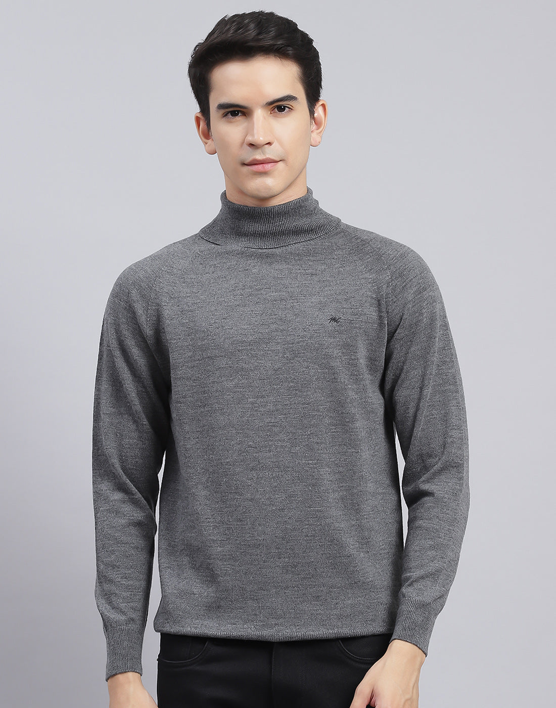 Men Grey Solid High Neck Full Sleeve Pullover