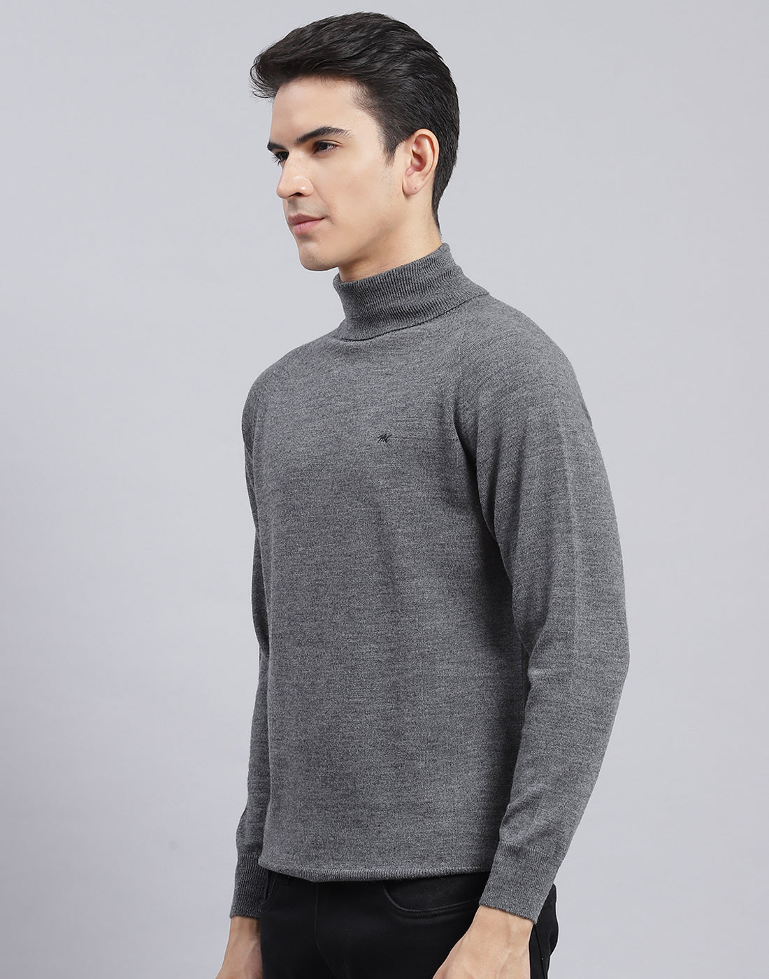 Men Grey Solid High Neck Full Sleeve Pullover