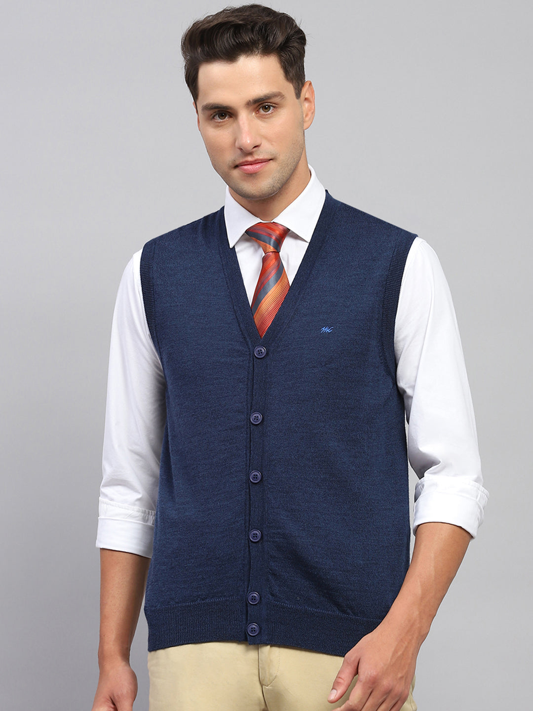 Men Navy Blue Solid V Neck Sleeveless Cardigan