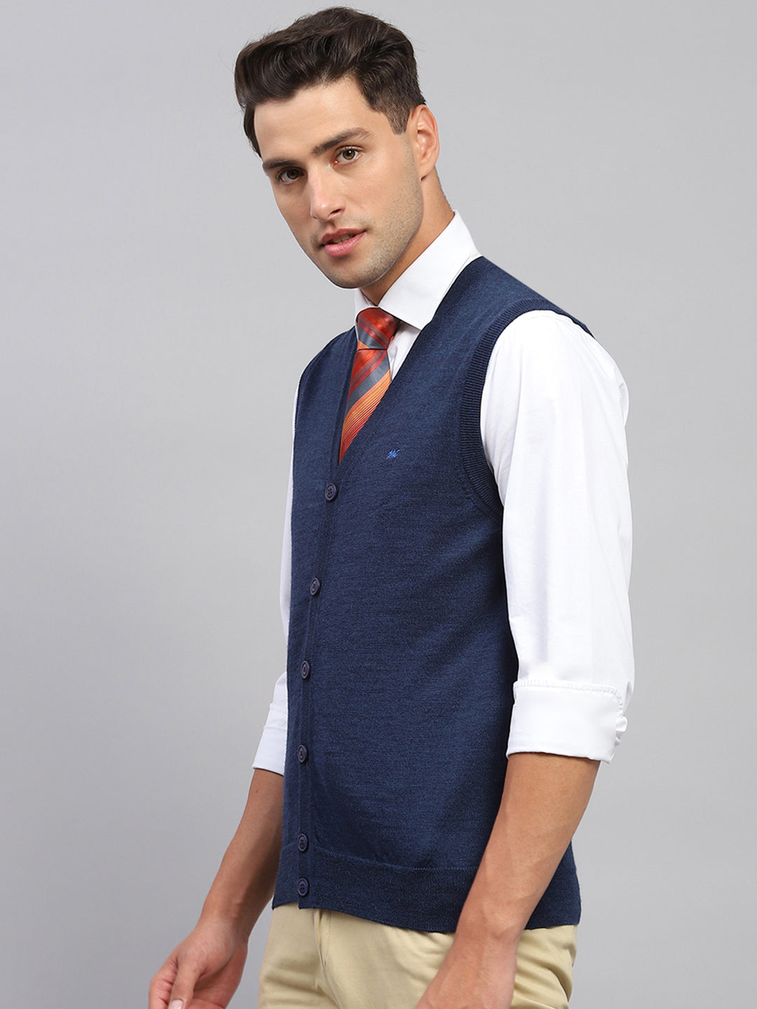 Men Navy Blue Solid V Neck Sleeveless Cardigan