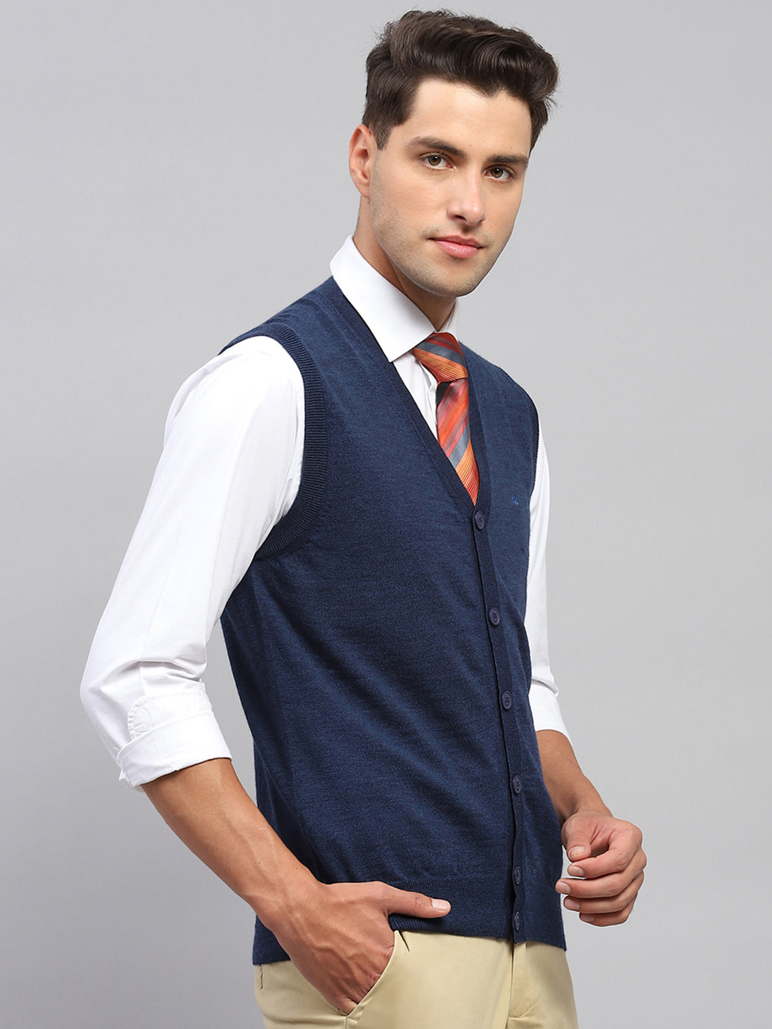 Men Navy Blue Solid V Neck Sleeveless Cardigan