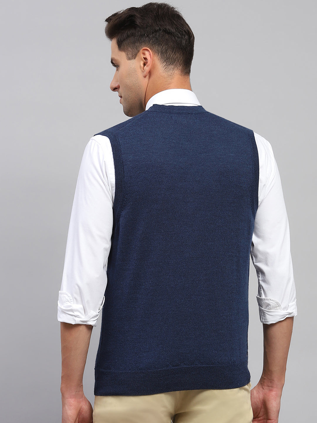 Men Navy Blue Solid V Neck Sleeveless Cardigan