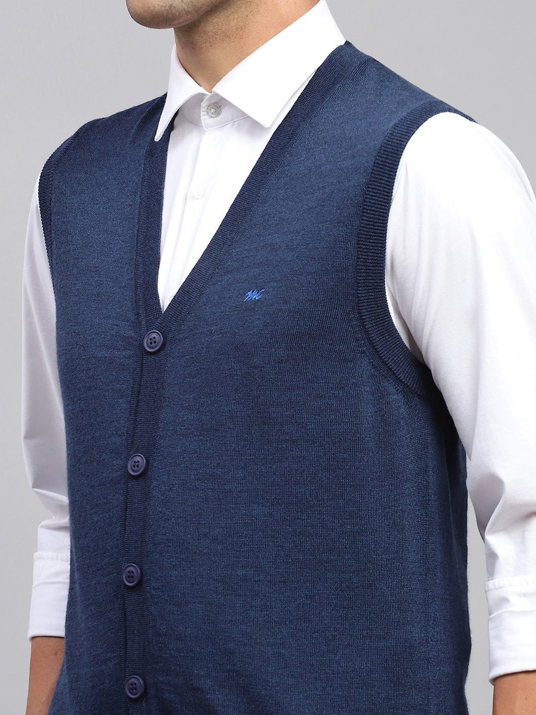 Men Navy Blue Solid V Neck Sleeveless Cardigan