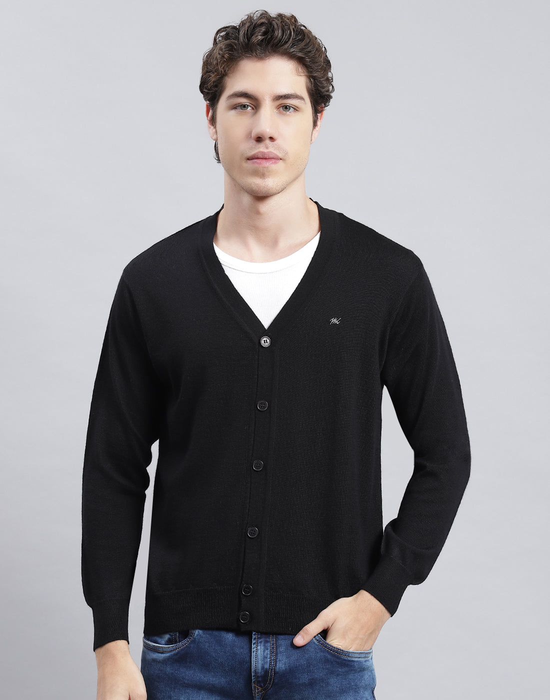 Men Black Solid V Neck Full Sleeve Cardigan