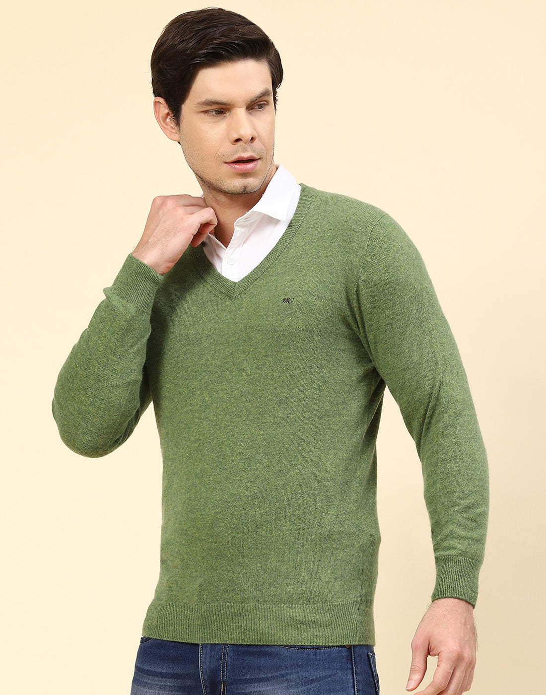 Men Green Solid V Neck Full Sleeve Pullover