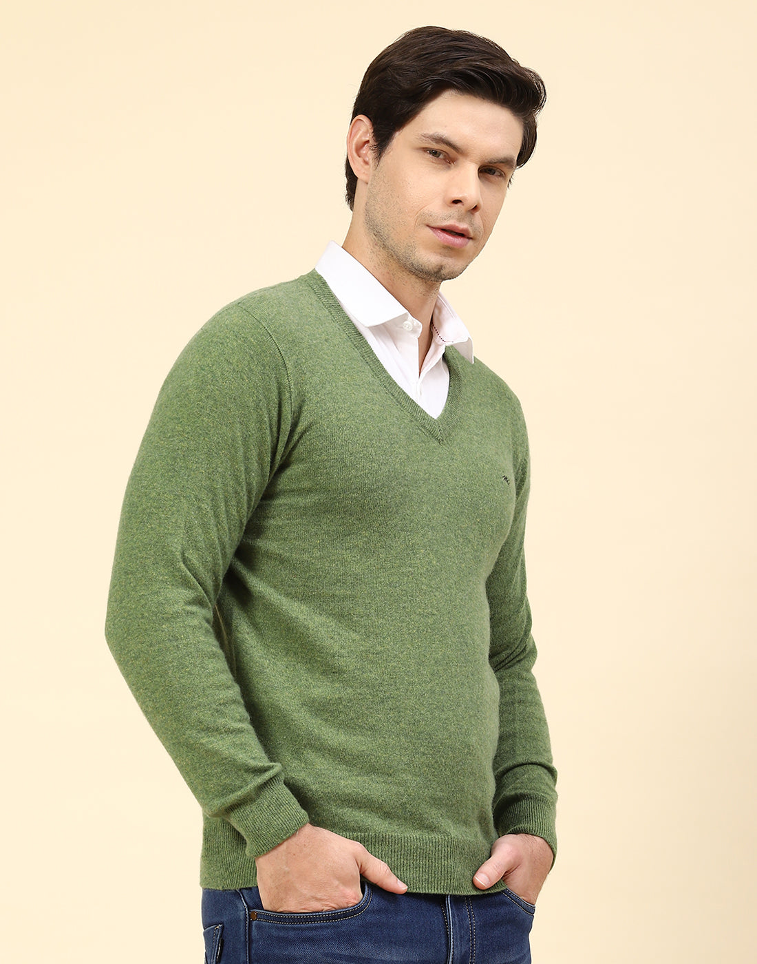 Men Green Solid V Neck Full Sleeve Pullover