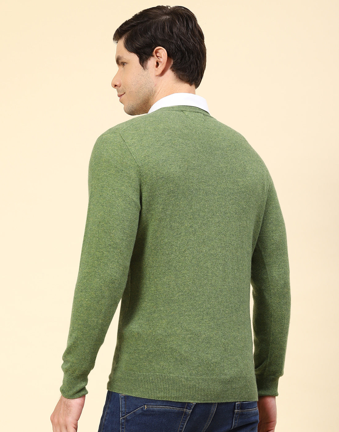 Men Green Solid V Neck Full Sleeve Pullover