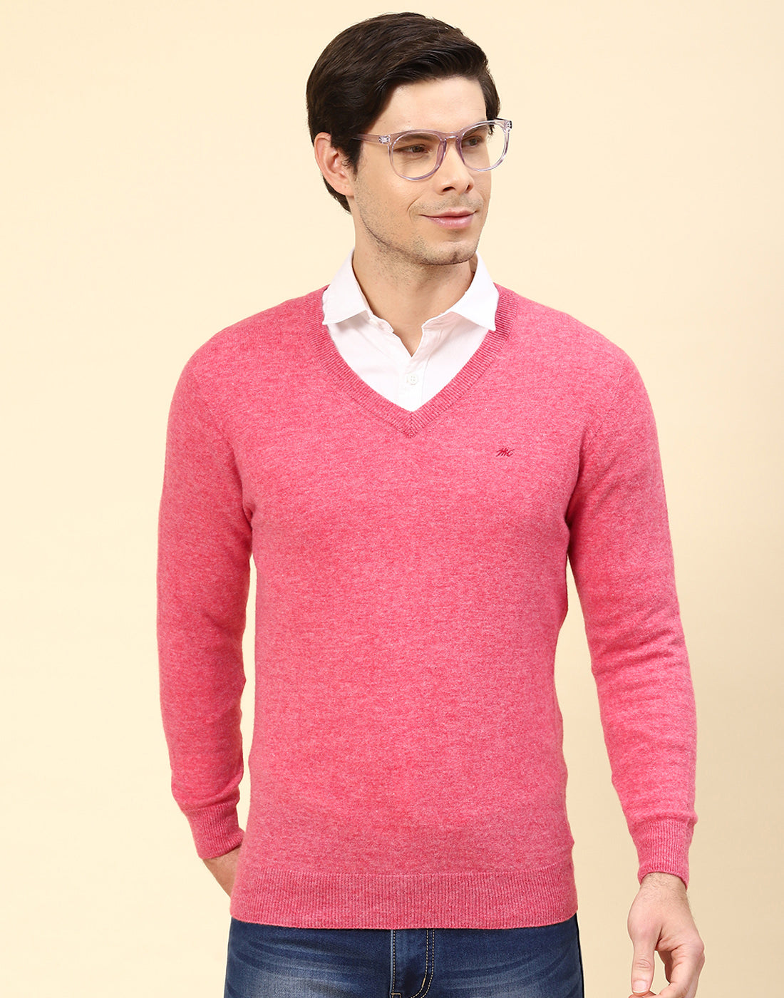 Men Pink Solid V Neck Full Sleeve Pullover