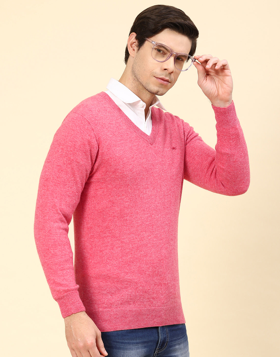 Men Pink Solid V Neck Full Sleeve Pullover