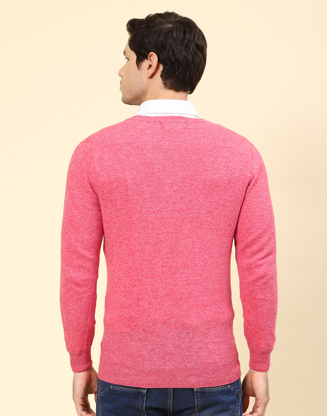 Men Pink Solid V Neck Full Sleeve Pullover