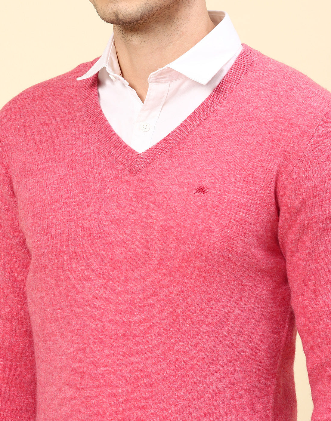 Men Pink Solid V Neck Full Sleeve Pullover