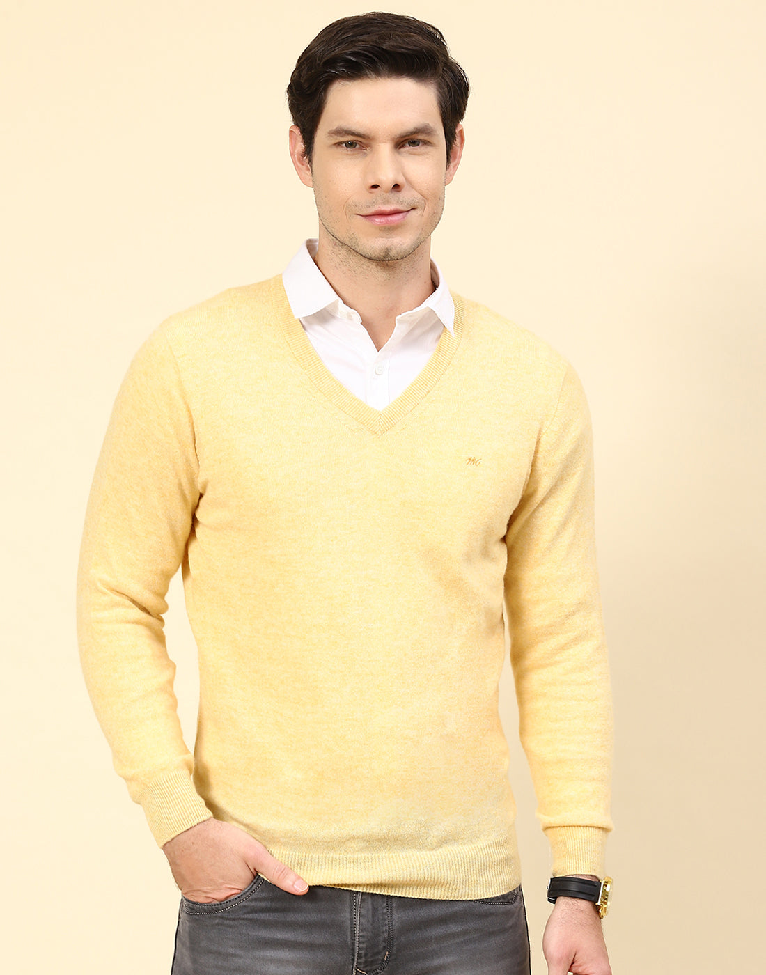 Men Yellow Solid V Neck Full Sleeve Pullover