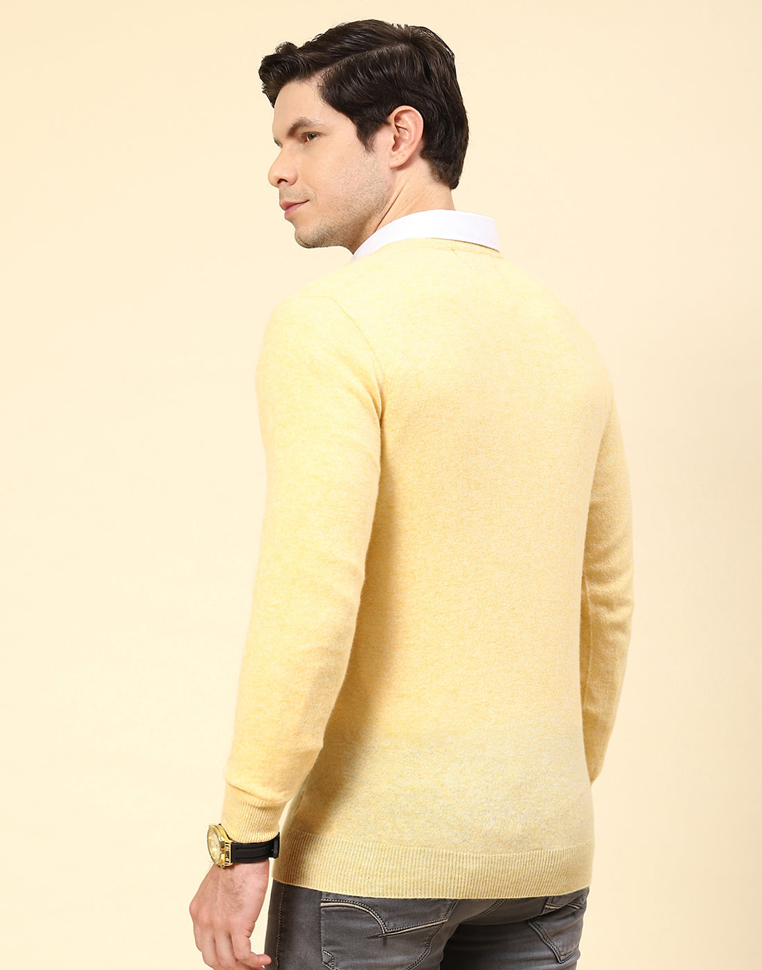 Men Yellow Solid V Neck Full Sleeve Pullover