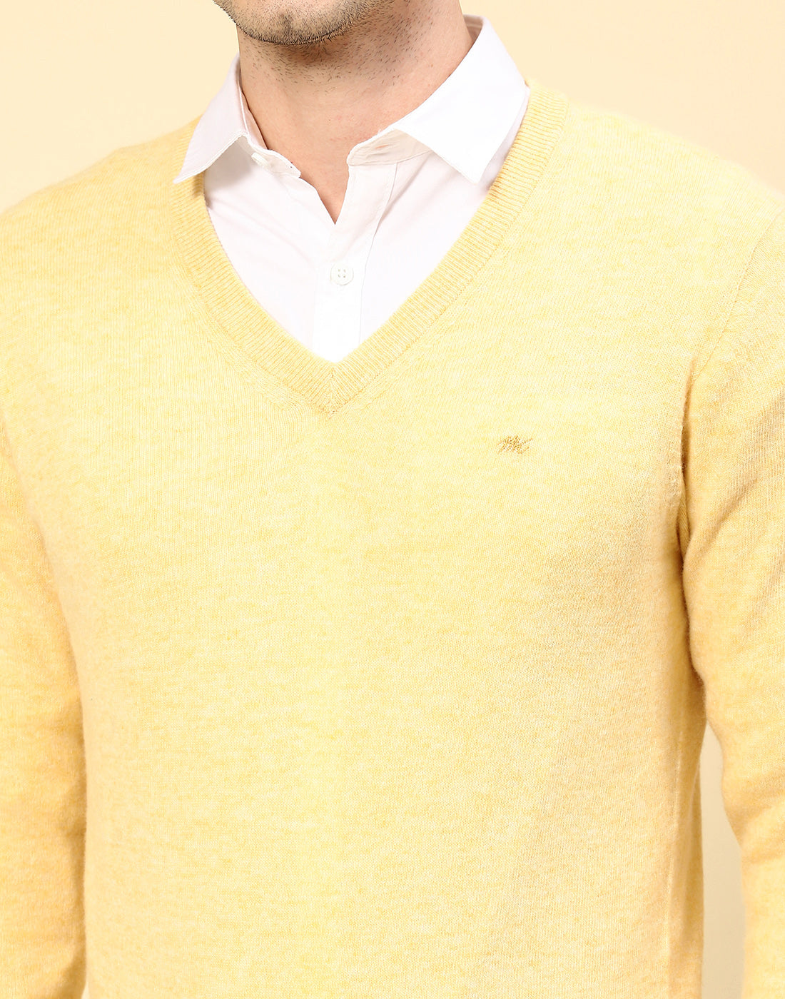 Men Yellow Solid V Neck Full Sleeve Pullover